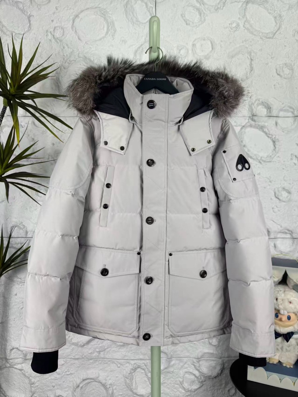 Moose Knuckles Men's Light Gray Down Puffer Parka with Fur-Trim Hood